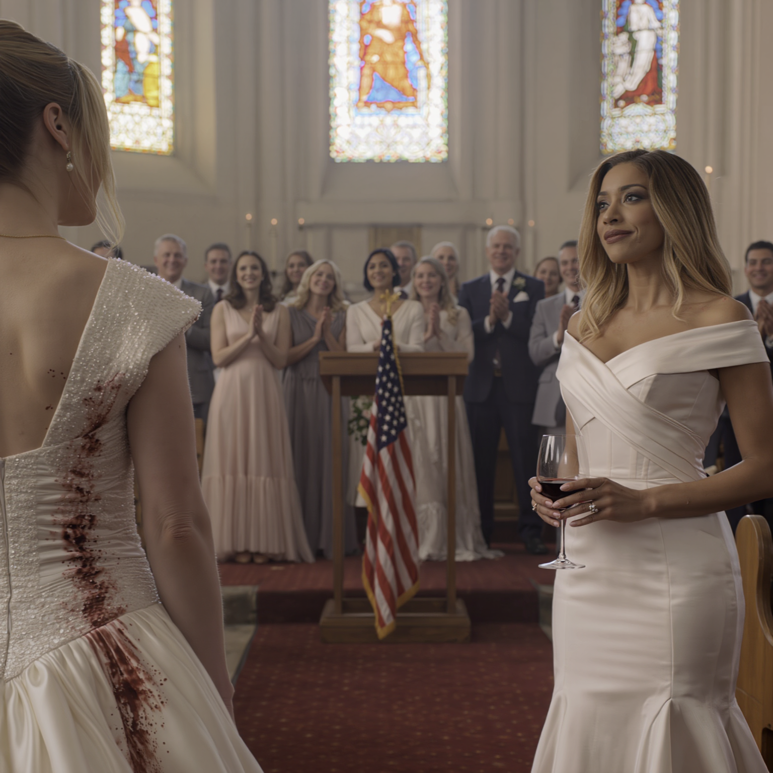 La musica nuziale risuonava in una chiesa di Baltimora e, mentre mi avvicinavo all’altare, mia sorella rovesciò “accidentalmente” un bicchiere di vino rosso sul mio abito bianco. Gli invitati tacquero, lo sposo si bloccò… eppure i miei genitori si alzarono e applaudirono come se stessero applaudendo. Non piansi: sorrisi solo, mi avvicinai al suo orecchio e sussurrai una frase. Due settimane dopo, un incontro e una busta segreta lasciarono tutti e tre incapaci di ridere ancora…