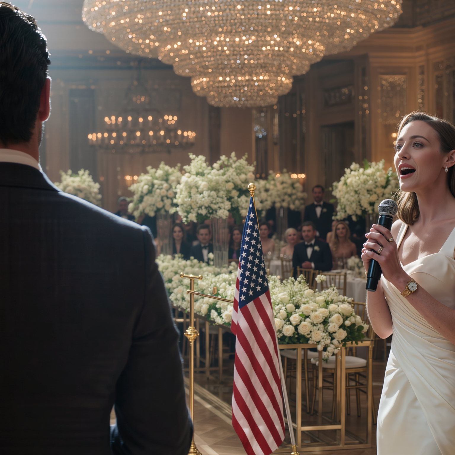 “A cinematic, high-quality video of a formal, high-tension event in a grand, luxurious ballroom. The room features massive crystal chandeliers, golden-trimmed walls, and long aisles lined with lush white flower arrangements. A large American flag on a wooden stand is positioned in the center. In the foreground, a woman with long light-brown hair, wearing an elegant white off-the-shoulder satin gown and a gold watch, holds a microphone. Her face is a mask of sadness and desperation, her voice trembling with emotion. Facing away from her is a man with dark hair and sideburns, wearing a sharp charcoal grey tuxedo with a black bowtie and a white rose boutonniere. The camera starts as a medium shot over the man’s shoulder focusing on the woman, then smoothly pans and rotates to the right, settling into a tight close-up profile of the man’s face. His expression is stoic, intense, and deeply serious; he looks slightly downward, not at the camera. Dialogue: The woman says ‘She’s a single mother, unwanted by anyone.’ The man responds firmly ‘There’s something I need to say.’ The lighting is warm and majestic with a shallow depth of field. Subtle and realistic acting, no over-exaggeration.”