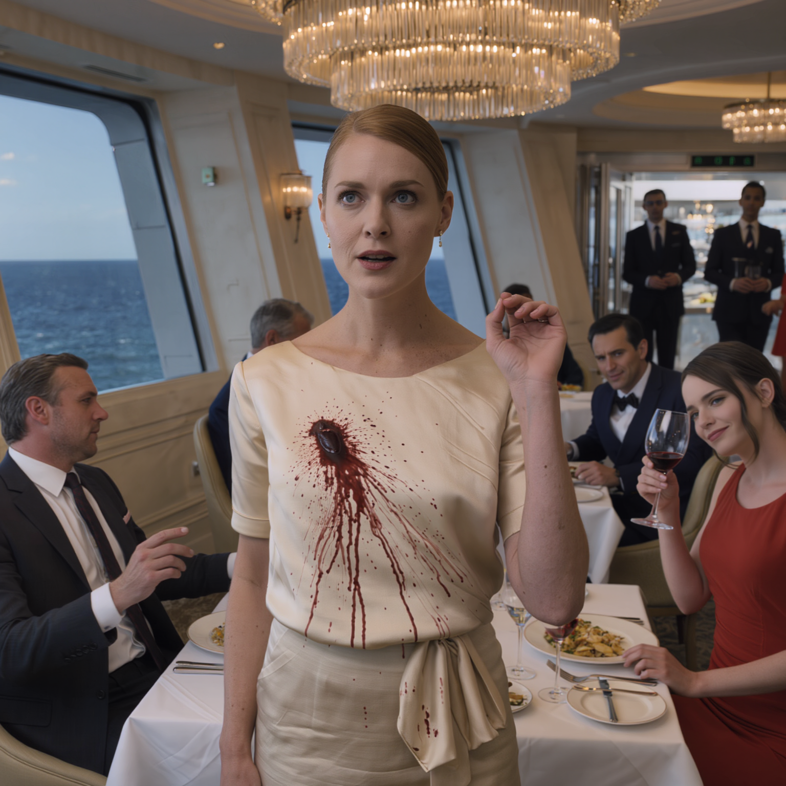 Mio marito ha portato una “cliente” alla nostra cena di anniversario, indossava un vestito rosso, si è seduta al posto migliore, mi ha spruzzato deliberatamente del vino rosso sulla camicetta e ha riso, “vai a chiedere una divisa da cameriera”… ma non aveva idea che non le avessi mai detto di essere la proprietaria di questa catena di resort. Ho scritto solo un messaggio, ho schioccato le dita… e all’improvviso l’intera sala da pranzo è diventata silenziosa.