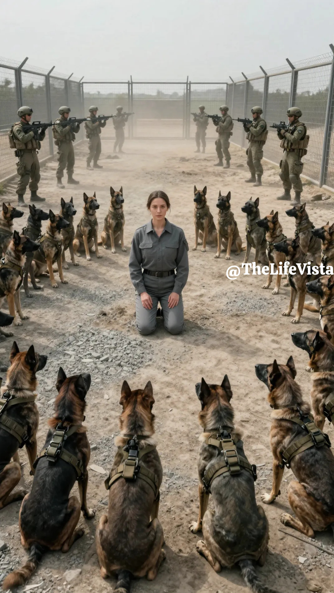 “Tornate ai vostri doveri,” ordinò l’ufficiale — ma quarantasette cani militari non si fecero da parte, formando una barriera silenziosa attorno alla donna che riconobbero immediatamente