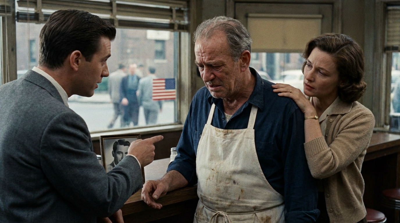 A cinematic medium close-up shot in a vintage 1950s-style diner. An older man with thinning hair, wearing a navy blue button-down shirt and a stained white kitchen apron, stands behind a wooden counter. His expression shifts from skeptical to deep sorrow and regret as he looks down. Standing next to him is a younger man in a professional grey suit jacket, seen from a side profile, who taps the counter and points to a small framed photograph. A woman with brown hair, wearing a beige knit cardigan, stands behind the older man and places a comforting, sympathetic hand on his upper arm. The older man slowly lowers his head in a moment of grief. In the background, large windows with soft natural light, an American flag sticker on the glass, and framed pictures on the wall are visible. The atmosphere is solemn and emotional. Shallow depth of field with sharp focus on the older man’s face. No one looks at the camera. Photorealistic, 4k, realistic skin textures, natural movements.