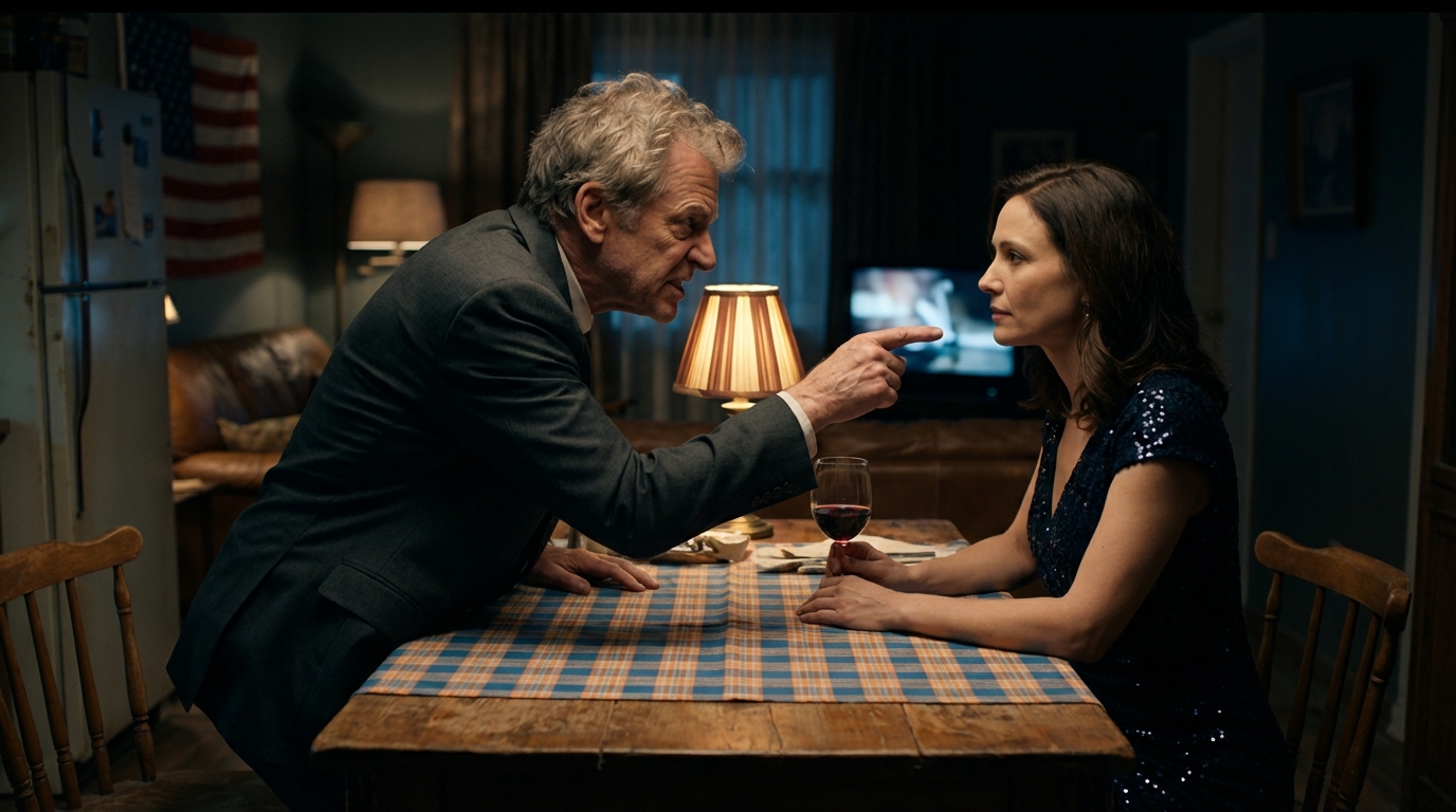 A cinematic medium shot of a high-tension confrontation at a dinner table at night. An older man with grey hair, wearing a dark charcoal suit, leans aggressively over a wooden table covered with a blue and orange checkered tablecloth. He points his index finger threateningly close to the face of a younger woman sitting opposite him, whispering something in a low, angry tone. The woman, with brown hair and wearing a dark navy sequined sleeveless dress, remains stoic and unfazed, holding a glass of red wine and looking at him with a cold, defiant stare. In the center of the table, a small lamp with a striped shade casts a warm glow on the white plates. The background is a dim living room with a couch, a refrigerator, and an American flag hanging on the wall. A television screen is visible in the distance. Moody lighting with a mix of warm orange and cool blue shadows. No one looks at the camera. Photorealistic, 4k, intense dramatic atmosphere, steady camera.