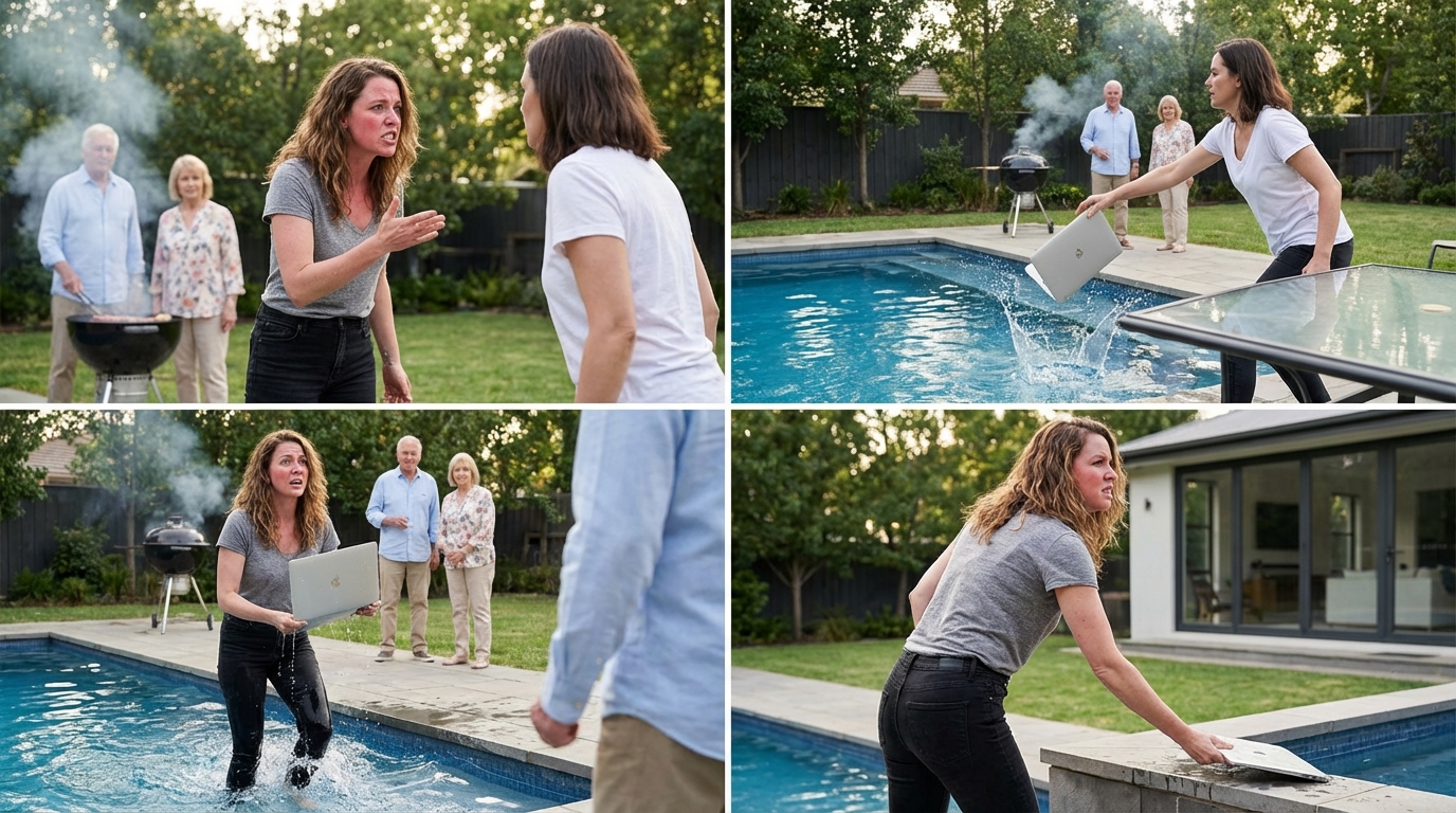 Lei sorrise mentre il mio portatile da lavoro affondava nella piscina Phoenix dei miei genitori, e mio padre disse: “Questo è quello che paghi per non aiutare la famiglia” – Non urlai, me ne andai, e all’alba mi stava implorando di “sistemare questo”
