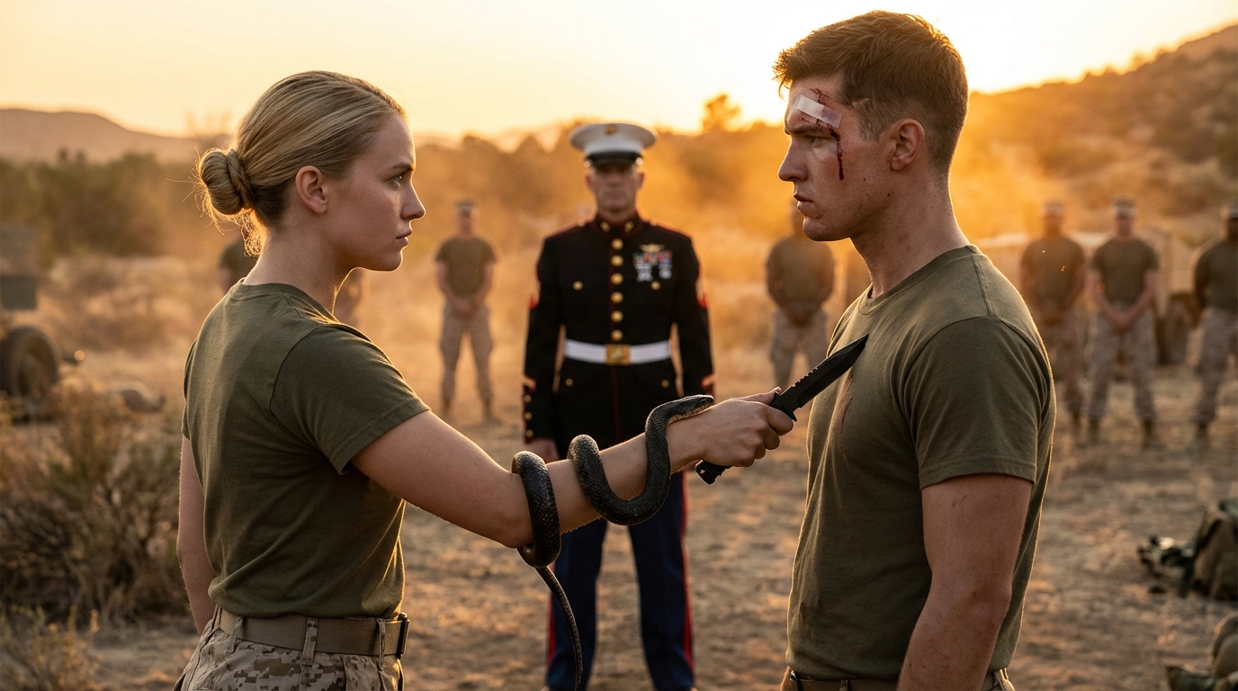Ripresa cinematografica in un ampio profilo medio, campi di addestramento militare al tramonto. Si verifica un alto tensionamento tra una giovane donna bionda e un giovane uomo. La donna, con i capelli raccolti in un elegante chignon professionale, indossa una maglietta militare verde oliva e pantaloni mimetici, tiene un coltello tattico nero puntato contro il petto dell’uomo. Un grosso serpente nero è avvolto strettamente attorno al suo avambraccio, con la testa vicino al manico del coltello. L’uomo, in una maglietta verde coordinata con sangue che cola da una ferita sulla fronte, la fissa con un’espressione stoica e defianta. Sullo sfondo centrale, un ufficiale militare anziano in uniforme formale blu (cappello bianco, giacca scura con medaglie colorate) rimane perfettamente immobile, osservandoli. Altri soldati in mimetica sono in posizione di attenti sullo sfondo sfocato. L’illuminazione è una calda luce dorata dell’ora d’oro con lunghe ombre. Nessuno guarda verso la telecamera. Solo movimenti sottili: il corpo del serpente che si contrae leggermente, il respiro pesante dei personaggi e la luce tremolante del tramonto. Iper-realistico, 4k, sensazione di slow-motion, alta drammaticità, senza eccessi recitativi.