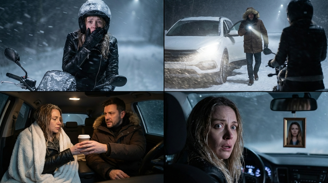 Una motociclista è andata persa in una bufera di neve — un padre single l’ha trovata, e poi…