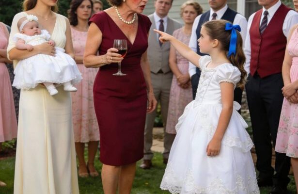 Durante il battesimo, mia suocera mi umiliò, dicendo che il mio bambino non apparteneva alla famiglia. Stavo trattenendo le lacrime quando la mia figliastra di otto anni si alzò e disse: “Somiglia al suo vero papà. Non all’uomo con cui la nonna ha tradito.” Tutti si voltarono. Darlene lasciò cadere il bicchiere di vino. E Matt chiese: “Di quale uomo sta parlando?”