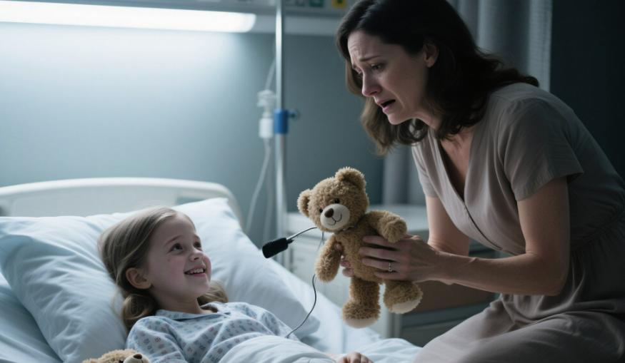 Mia figlia di 7 anni mi ha sorriso debolmente dal suo letto d’ospedale. “Mamma, questo è il mio ultimo compleanno.” Le ho detto: “Non dirlo! Sarai dimessa presto.” Ma lei ha scosso la testa. “Controlla l’orsacchiotto sotto il mio letto… e non dirlo a papà.” Ho trovato un piccolo registratore nascosto dentro. Quando ho premuto play, ho sentito una conversazione che stentavo a credere.