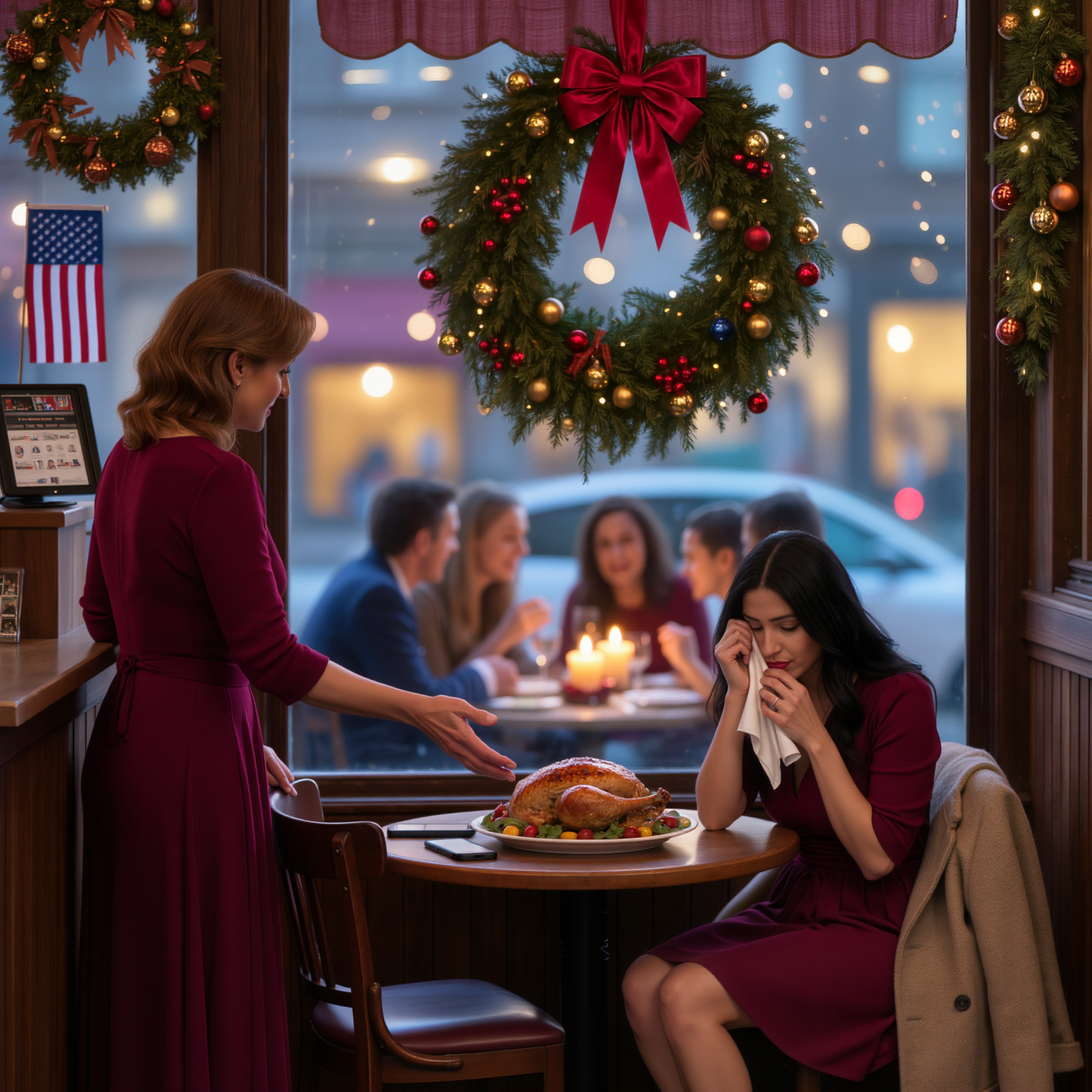 “Não volte para casa, sua irmã não quer confusão”, meus pais mandaram uma mensagem no Dia de Ação de Graças, então jantei sozinha no restaurante enquanto outras famílias riam e conversavam ao meu redor. Uma família na mesa ao lado me convidou para sentar com eles. Achei um gesto gentil. Não esperava que fosse a primeira vez em 28 anos que alguém me escolheria ativamente. Cinco anos depois, as pessoas que me acolheram naquela noite estavam ao meu lado no meu casamento, enquanto meus pais sentavam no fundo, atônitos.