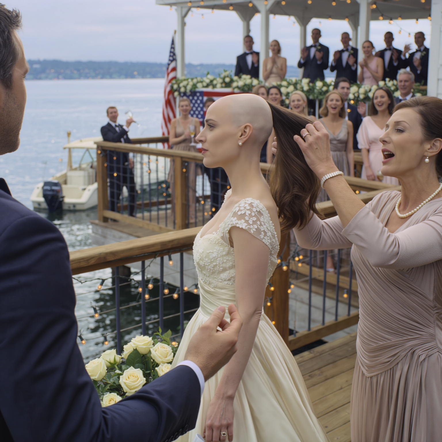 Il nostro matrimonio sul lago Washington era appena iniziato quando mia suocera si è lanciata e mi ha strappato la parrucca dalla testa davanti alle telecamere. Sono rimasta immobile mentre un calice di champagne si rompeva. Mio marito non ha protestato: l’ha ripresa, l’ha lanciata nel lago e ha detto una frase che ha fatto esplodere in un applauso l’intero ricevimento… poi, qualche settimana dopo, la sua lettera tremante mi ha spinta a fare una scelta incredibile.