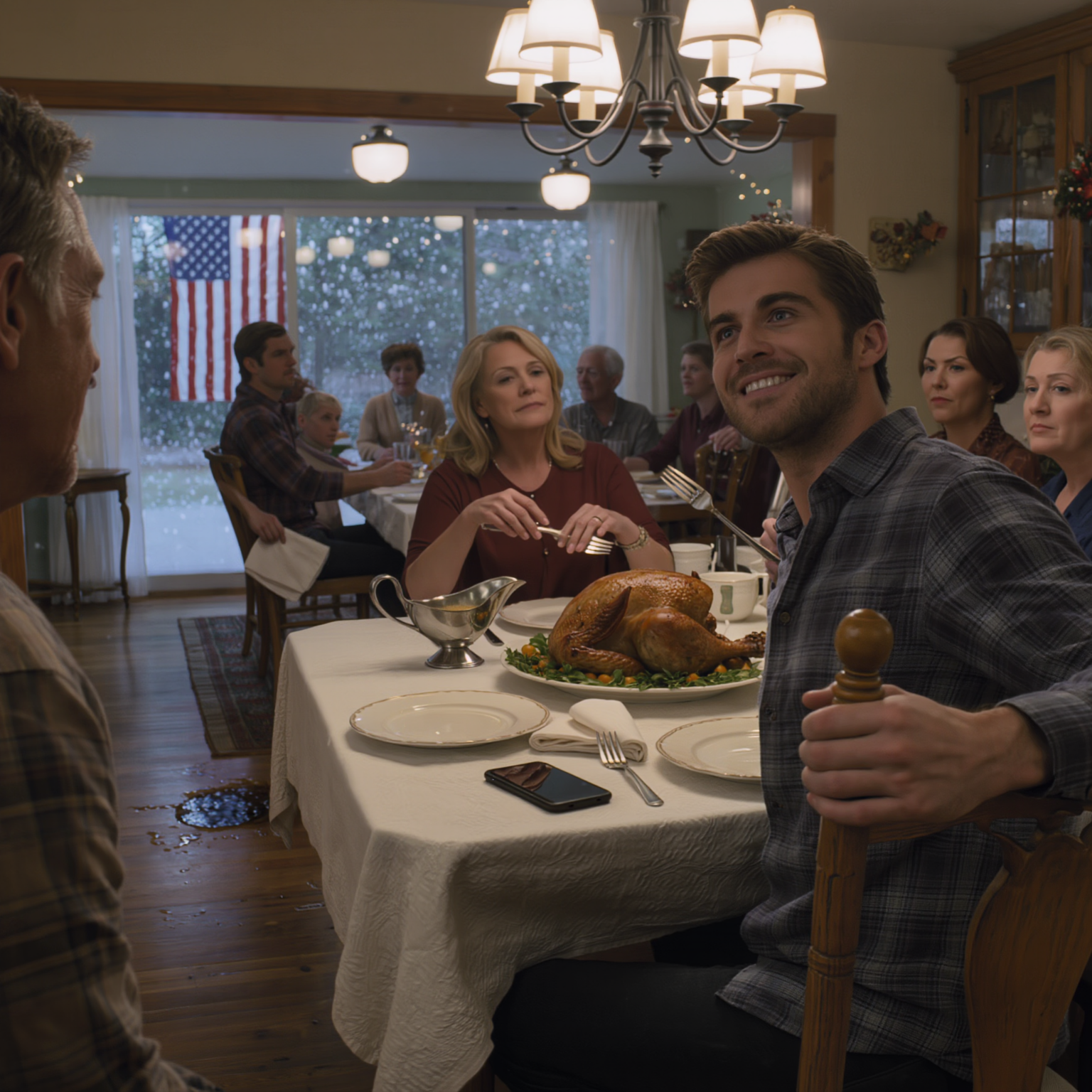 La notte di Natale a Cedar Rapids, Iowa, il figlio di mia moglie mi spinse improvvisamente giù dalla sedia a capotavola del mio defunto padre – “Quel posto è per MIO PADRE, spostati!” – e caddi a terra davanti a tutta la famiglia, con la camicia sporca di sugo, mentre mia moglie puliva silenziosamente il pavimento. Uscii nella neve… e all’alba apparve un avviso di credito, insieme a 23 chiamate perse.