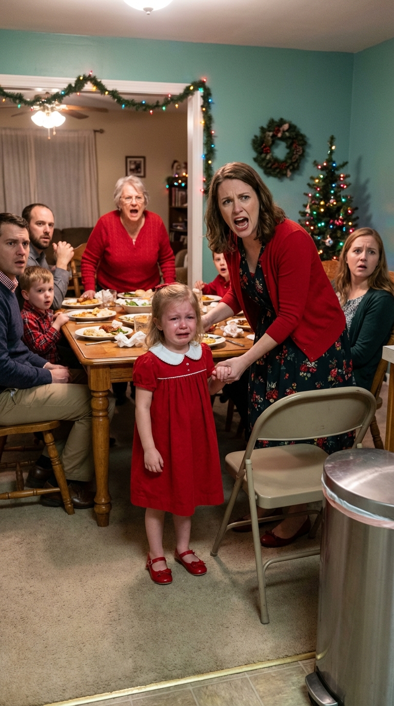 A karácsonyi vacsorán a 9 éves kislányom egyedül ült a szemetes mellett egy összecsukható széken, mintha minden rendben lenne. Aztán felállt, odajött hozzám, és azt suttogta: „Anya, megteszed azt, amit ígértél, ha újra rosszul érezném magam?” Megtettem. Öt perccel később anyám már magából kikelve üvöltözött… de akkor már késő volt. Rájött, hogy a megaláztatás, amit a lányomnak szánt, az ő bukását hozta el.