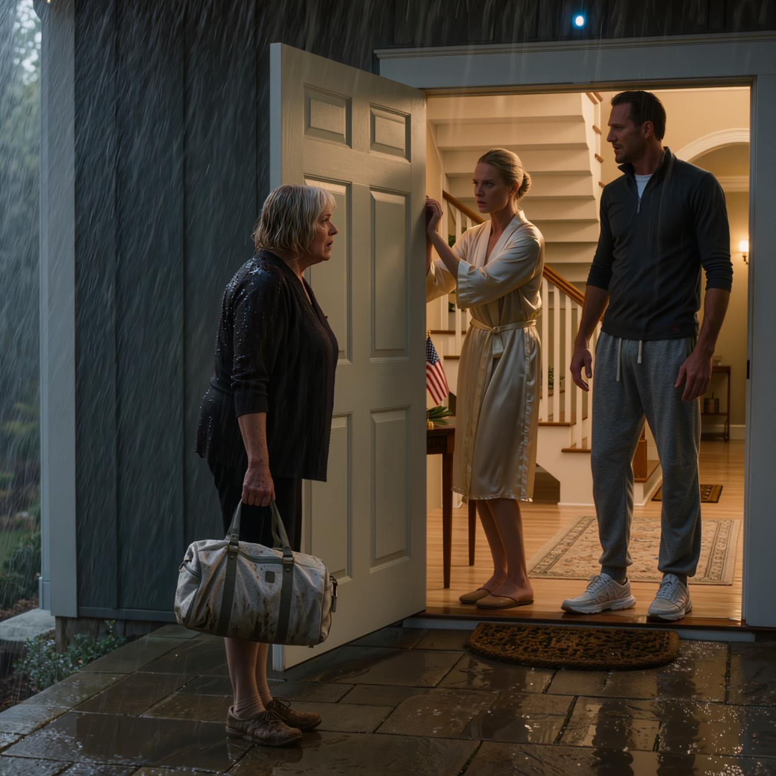 La mia casa si è allagata durante la tempesta e, fradicia e infangata, sono andata alla villa di mio figlio chiedendo di poter rimanere un po’, ma mia nuora mi ha bloccato la porta: “Che schifo, rovinerai i miei tappeti bianchi. Vai in un rifugio.” Mi ha sbattuto la porta in faccia, ho chiamato il ragazzo problematico che avevo accolto quando aveva sedici anni e si è presentato un convoglio militare, come se avessero scelto proprio la persona sbagliata da provocare.