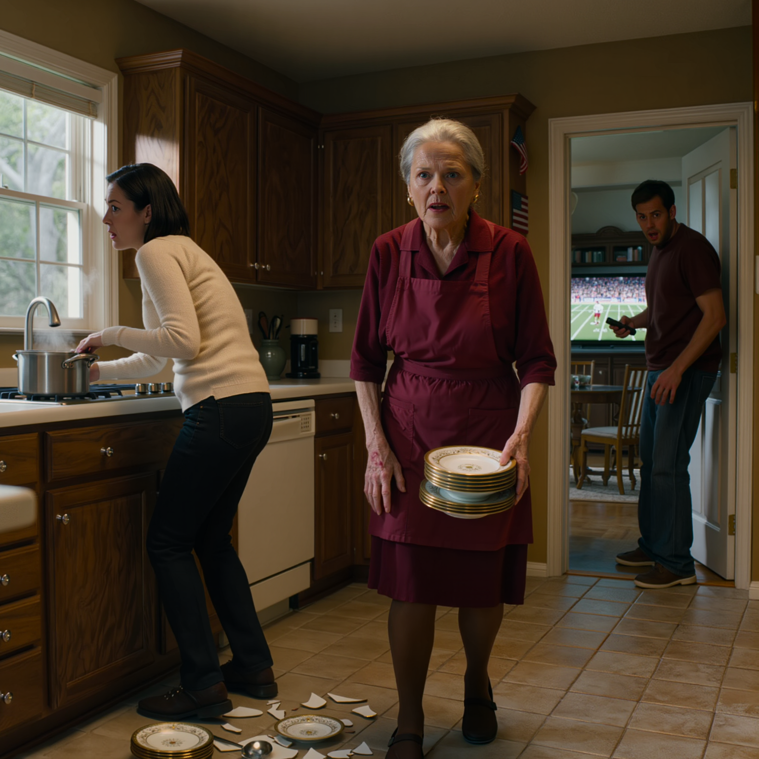 Stavo cucinando quando mia nuora mi ha strappato la pentola di mano urlando: “Rovini tutto!”, mentre mio figlio sedeva a pochi passi di distanza e si limitava ad alzare il volume della TV come se non avesse sentito nulla. Ma esattamente cinque minuti dopo, un gran frastuono ha scosso tutta la cucina e lo ha fatto correre dentro, solo per bloccarsi quando mi ha visto lì in mezzo ai piatti rotti, che lo guardavo come se sapessi fin troppo.