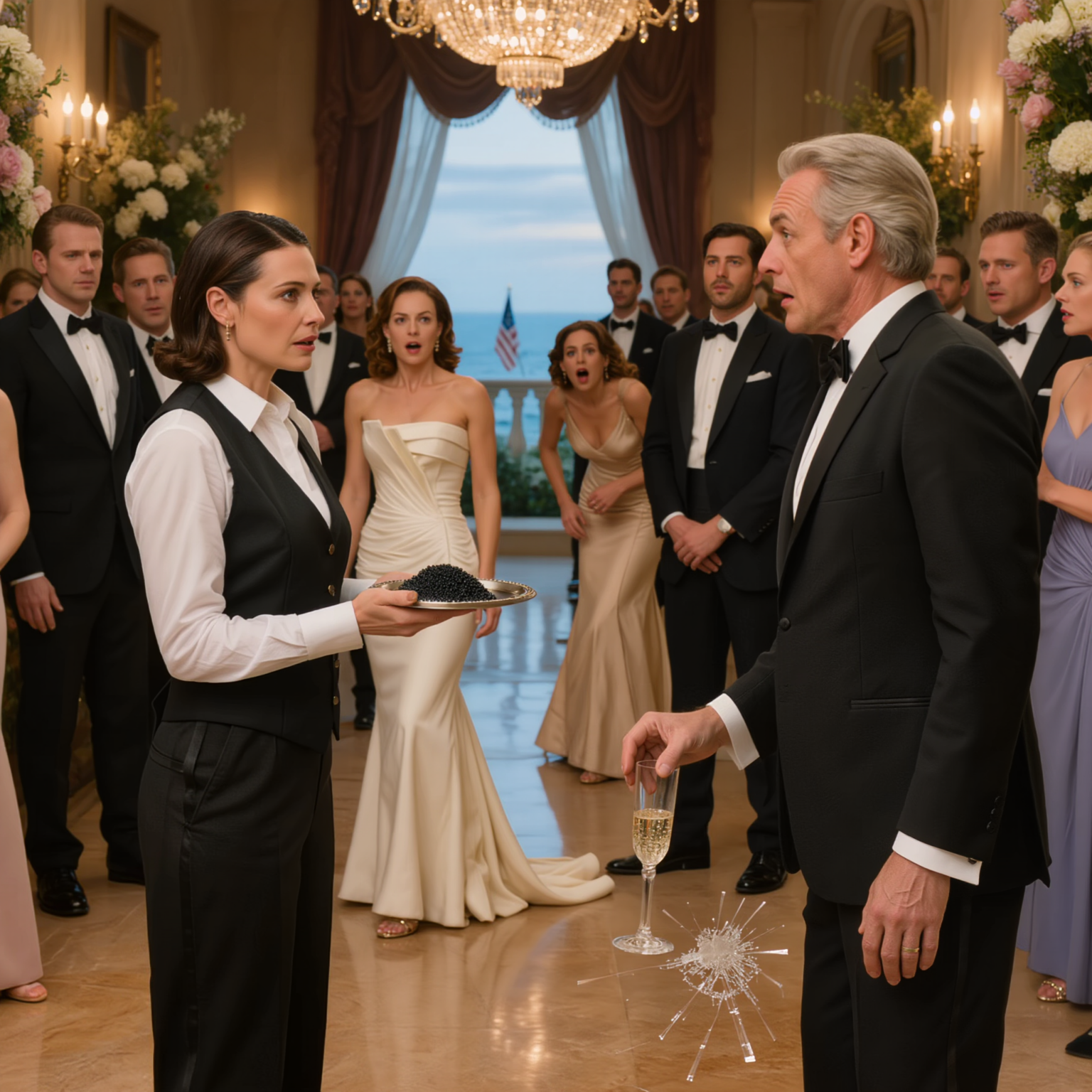 Mia madre mi ha costretto a indossare un’uniforme da catering al gala di fidanzamento di mia sorella, poi mi ha detto freddamente: “Servi il caviale e non guardare negli occhi gli ospiti ricchi”, e io mi sono fatta strada tra 50 VIP in totale silenzio finché il padre dello sposo non mi ha vista, ha lasciato cadere il bicchiere, ha balbettato chiedendomi perché indossassi quell’uniforme e ha tirato fuori la questione dei 3 miliardi di dollari previsti per lunedì mattina, come se in quella stanza fosse stato nascosto qualcosa alla persona sbagliata.