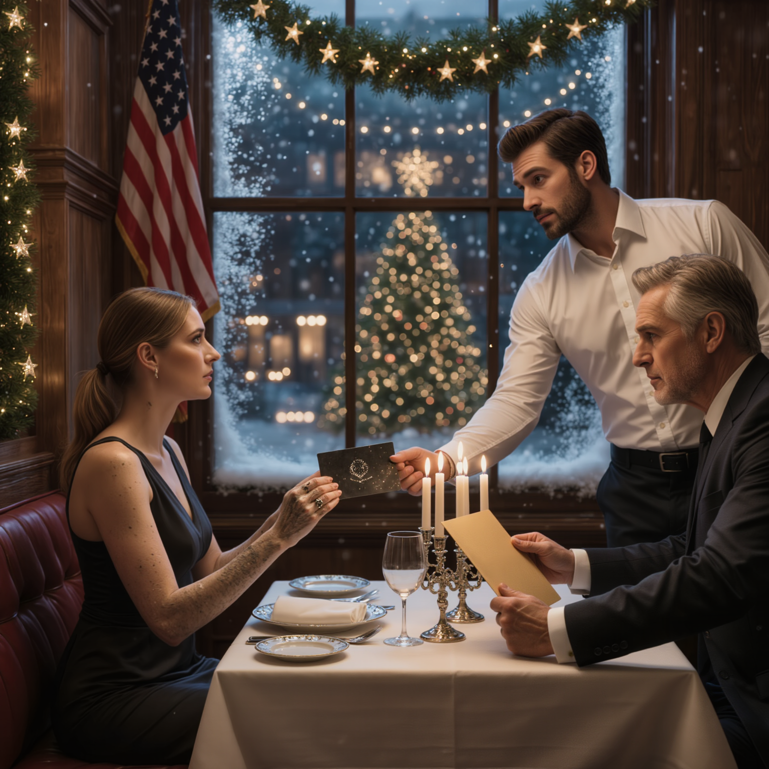 Mio marito mi ha consegnato le carte del divorzio la vigilia di Natale, mentre quaranta dei suoi parenti ridevano e suo padre alzava un calice di vino alla mia “senza fissa dimora” come se fosse un brindisi natalizio; così non ho pianto, non ho implorato, non ho nemmeno aperto la busta, ho semplicemente dato al cameriere un biglietto nero opaco e ho detto, con calma: “Pago io per tutti”, e nella stanza è calato il silenzio nell’istante in cui ha letto il nome.