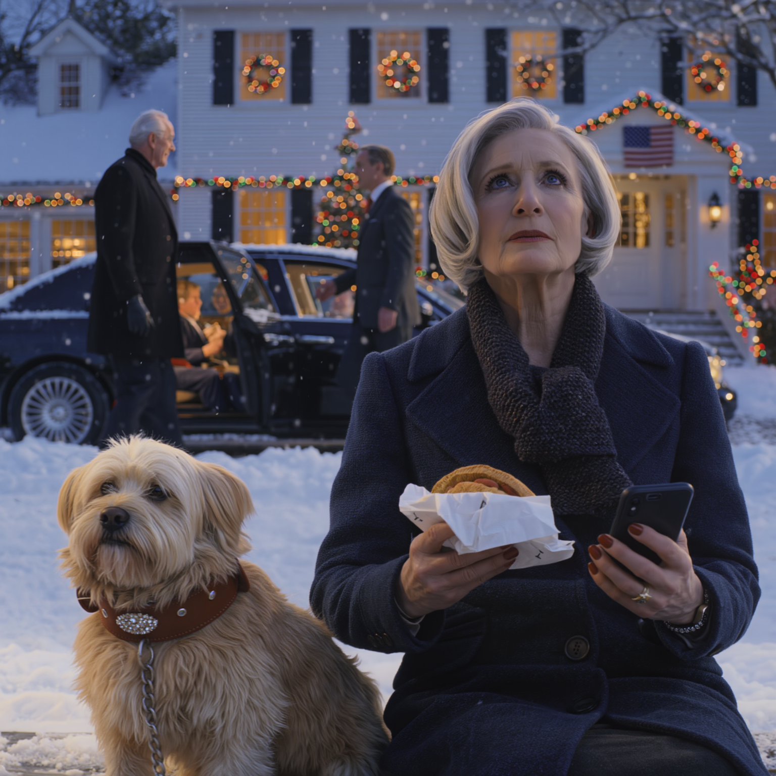 La notte di Natale, tutta la mia famiglia cenava al caldo in casa, mentre io restavo fuori al freddo. Spezzai a metà il mio ultimo panino per un cane tremante, poi notai un diamante sul suo collare. Componii il numero inciso sopra e una Mercedes nera si avvicinò… il maggiordomo disse che il cane apparteneva a un miliardario disabile di cui mi ero presa cura in passato, e con un solo sguardo mi lasciò senza parole.