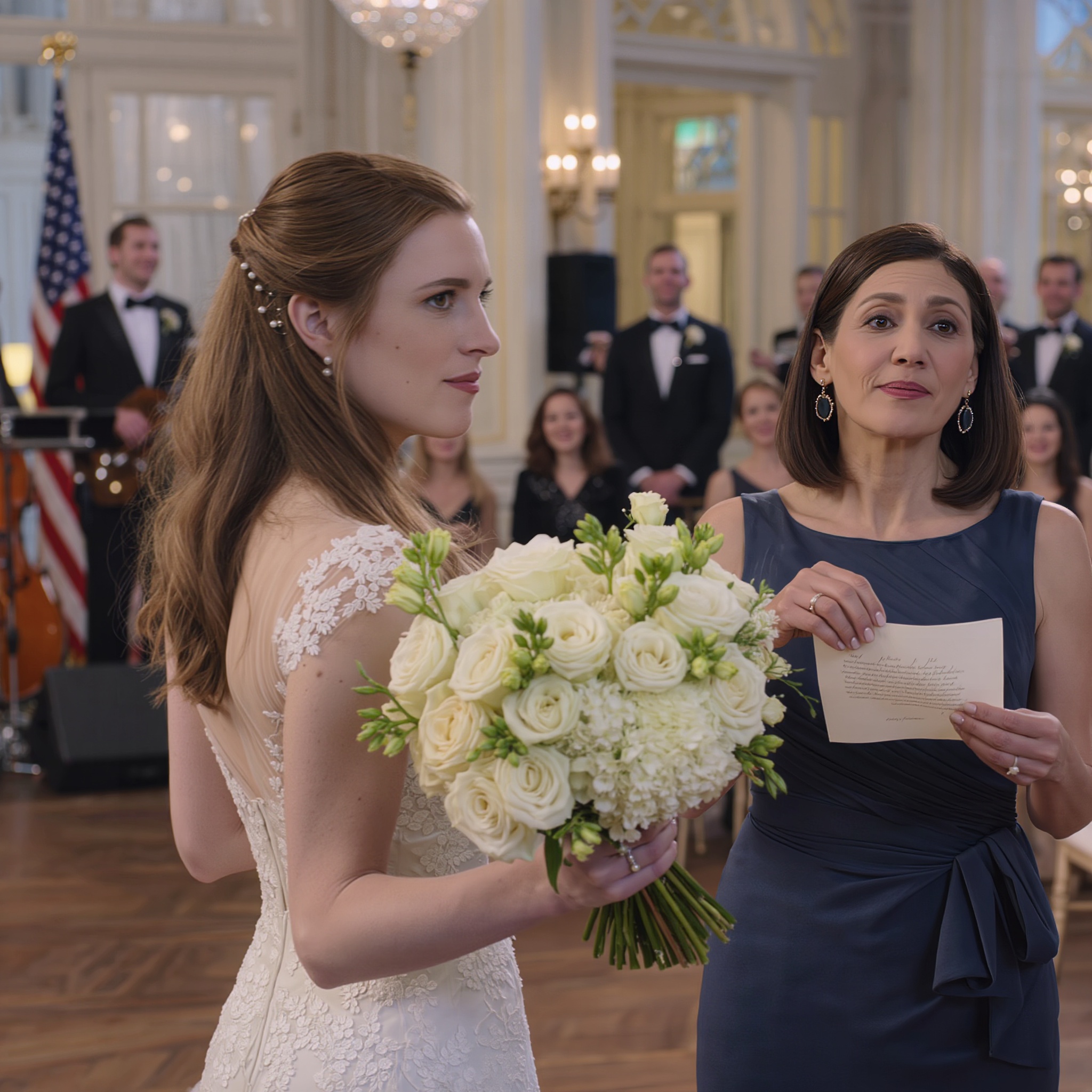 Al matrimonio di mia figlia con il figlio di un uomo ricco, tutti li elogiavano come la coppia perfetta. Quando lei mi ha lanciato il bouquet, sono rimasta pietrificata perché ho visto un piccolo pezzo di carta infilato dentro con scritto: “Mamma, tirami fuori di qui”.