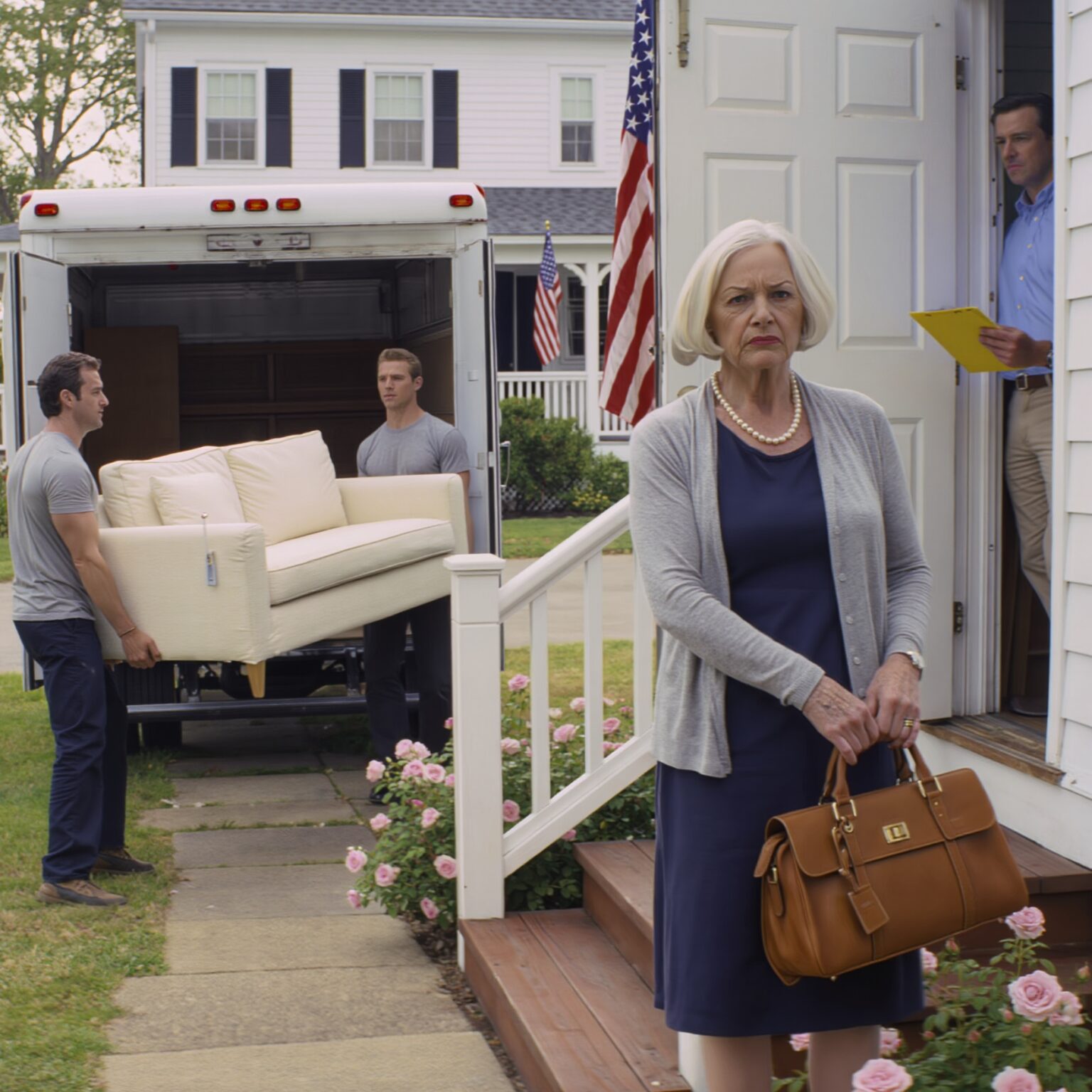 Tornai a casa dalla messa domenicale e trovai un camioncino bianco per traslochi nel mio vialetto, due sconosciuti che portavano via il divano che io e il mio defunto marito avevamo comprato quando finalmente eravamo proprietari di questa casa, senza alcun mutuo. E quando chiamarono mio figlio “il cliente”, capii che non mi stavano solo maltrattando… mi stavano cancellando. Sapevo che quella era casa mia: il cespuglio di rose vicino ai gradini, il mio nome sulla cassetta della posta… eppure la mia porta d’ingresso era aperta, come se non appartenessi più a quel posto.
