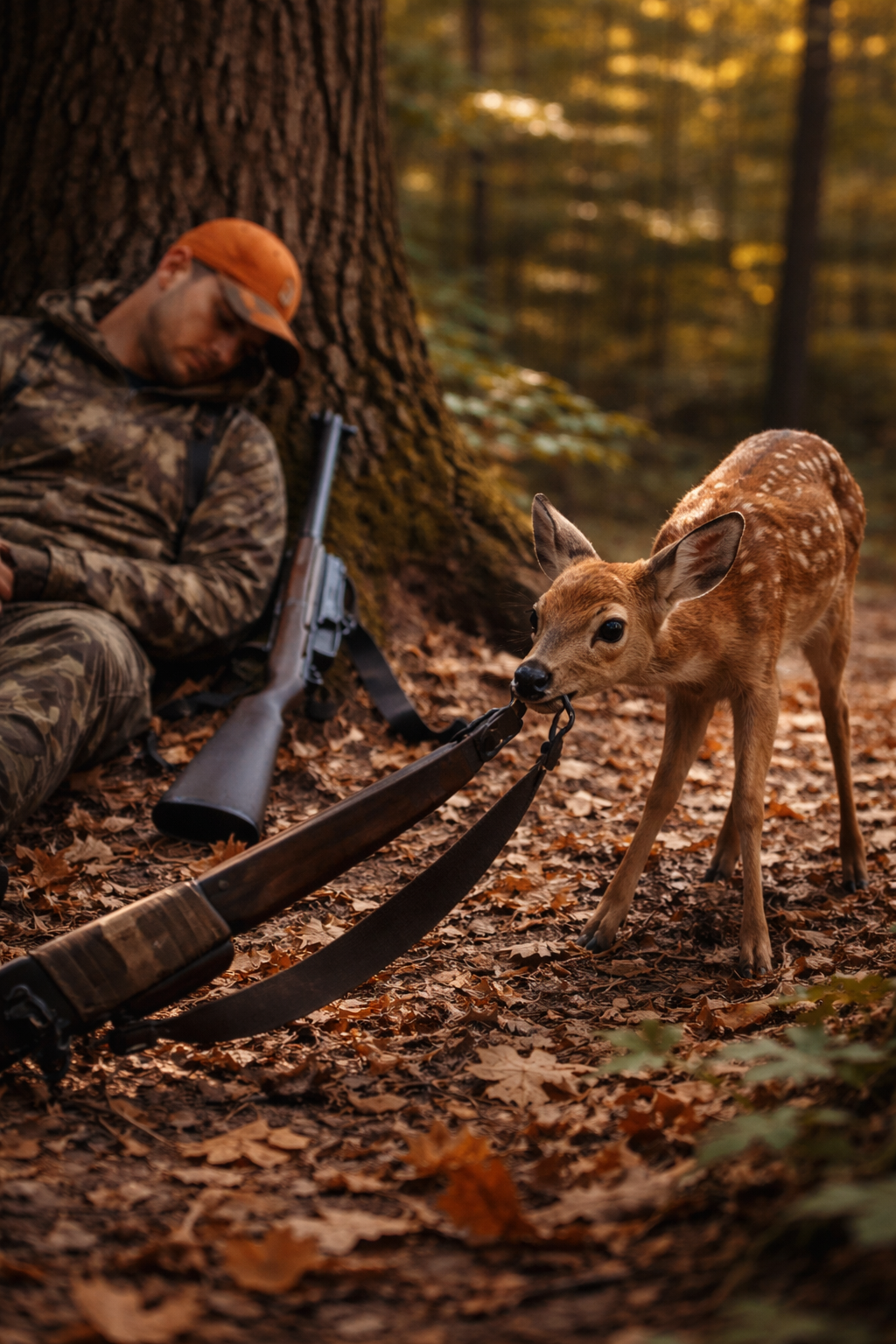 Un uomo andò nella foresta per cacciare i cervi, ma, esausto, si addormentò sotto un albero: ciò che il piccolo cerbiatto fece mentre dormiva lo sconvolse profondamente.