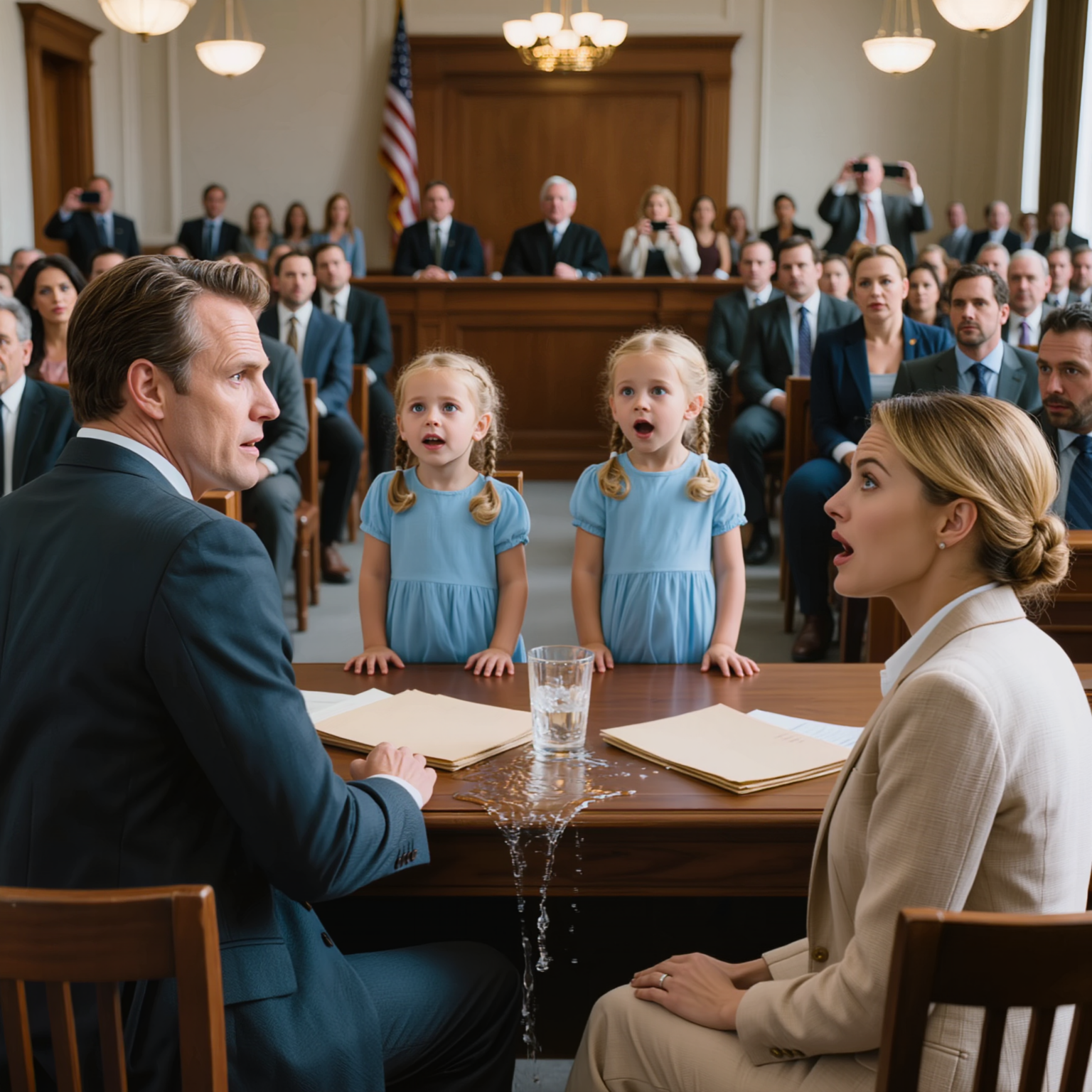 Quando il mio ex marito miliardario ha alzato la mano destra in un’aula di tribunale degli Stati Uniti e ha giurato di non sapere nulla dei soldi del progetto scomparsi, i nostri gemelli di cinque anni stavano colorando nella fila posteriore… e poi si sono alzati sulle sedie e hanno urlato che il loro padre era sdraiato davanti al giudice