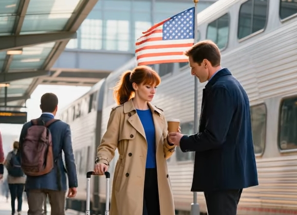 Pensavo fosse un dolce addio alla stazione affollata degli Stati Uniti. Mio marito ha comprato il caffè, ha sistemato la mia sciarpa e ha continuato a guardarmi berre. A metà strada verso la piattaforma, il mondo si inclinò. Mentre sollevava la mia borsa, mormorò: “Presto dimenticherai tutto.” Non riuscivo nemmeno a urlare—finché un uomo non si sedette e sussurrò: “Chloe… è Anthony.”