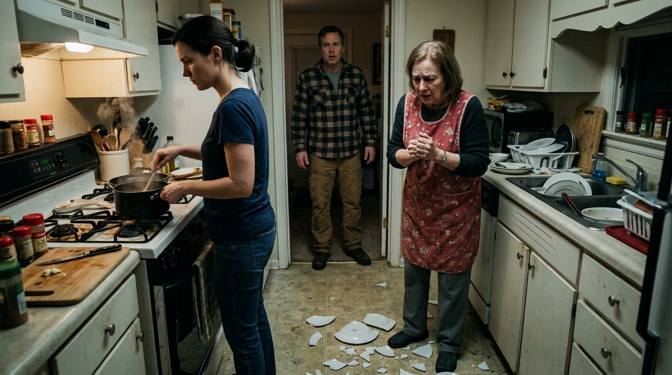 Stavo cucinando quando mia nuora mi ha strappato la pentola di mano urlando: “Rovini tutto!”, mentre mio figlio sedeva a pochi passi di distanza e si limitava ad alzare il volume della TV come se non avesse sentito nulla. Ma esattamente cinque minuti dopo, un gran frastuono ha scosso tutta la cucina e lo ha fatto correre dentro, solo per bloccarsi quando mi ha visto lì in mezzo ai piatti rotti, che lo guardavo come se sapessi fin troppo.