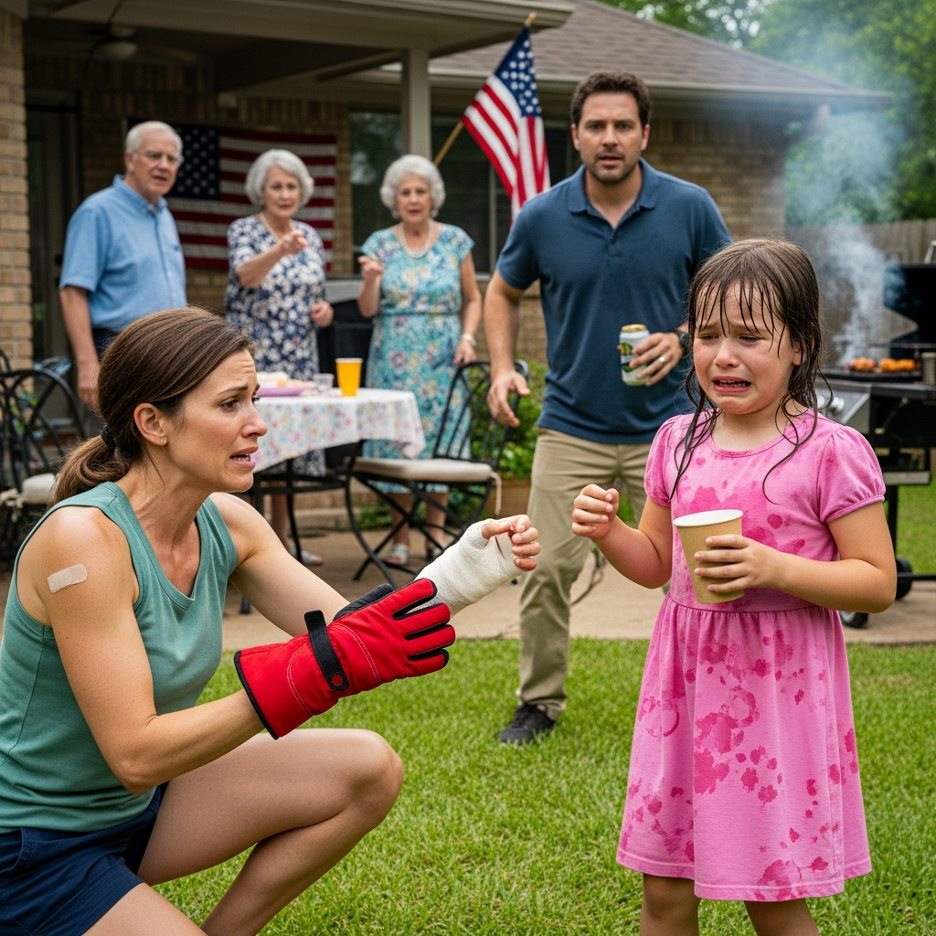 A mezzogiorno, il cortile dei miei suoceri a Columbus, nell’Ohio, sembrava un forno… e mio figlio di 7 anni stava sotto la quercia con un abito estivo rosa e guanti invernali rosso vivo. Stava sudando attraverso la frangia, tremava come se stesse congelando, e quando ho raggiunto le sue mani, ha sussultato come se avessi cercato di farle del male.