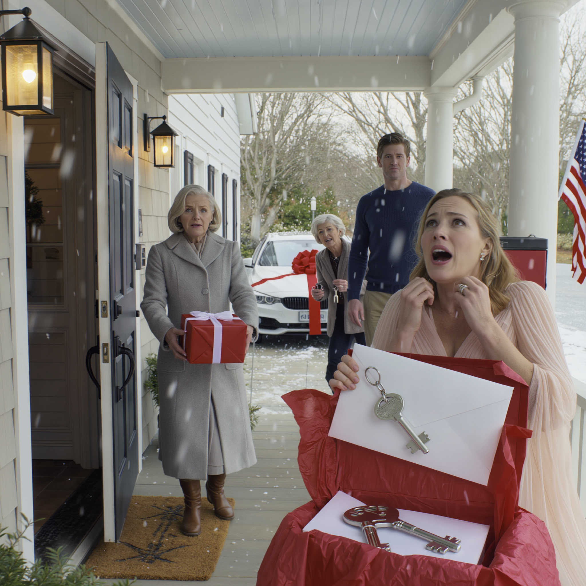 Mio figlio ha regalato a sua suocera una BMW da 60.000 dollari per Natale. Il mio regalo? Un salvadanaio con solo 3 dollari dentro. Ho sorriso, sono tornato a casa e sono andato a letto. All’alba, ho lasciato silenziosamente un “regalo” sulla porta d’ingresso… e non appena sua moglie ha aperto, il suo sorriso è svanito così in fretta da sembrare finto.