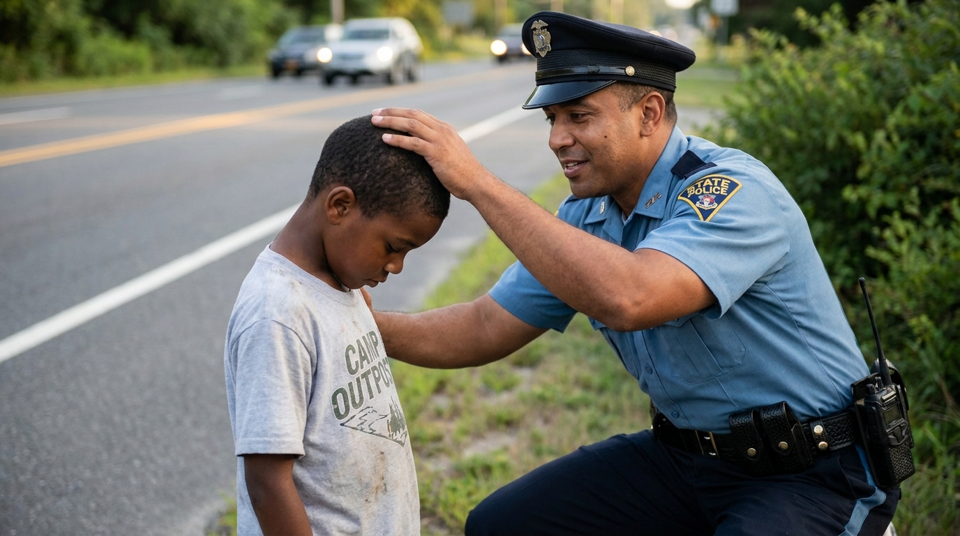 Un bambino smarrito sulla strada: l’agente si è fermato e, con il cuore pesante, si è inginocchiato per offrire aiuto al bambino tremante.