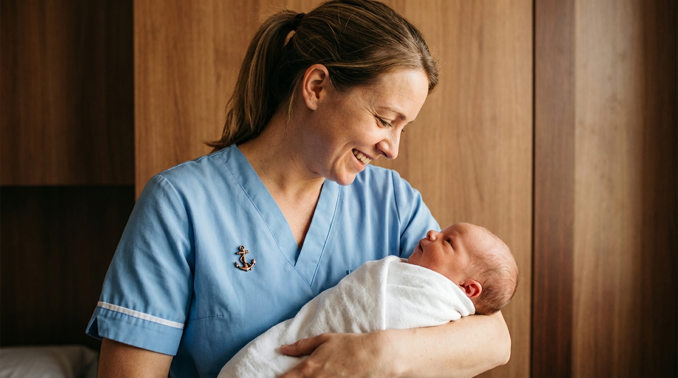 A smiling woman with light skin and light brown hair tied in a ponytail is holding a newborn baby. She is wearing light blue medical scrubs with white trim on the sleeves and a decorative pin, possibly an anchor, on her left side. She is looking down at the baby with a joyful and gentle expression. The baby, with light skin, is swaddled in white and looking upwards. They are in an indoor setting with a warm, natural light source creating bright highlights and shadows. The background features vertical panels, possibly a wooden door or wall, in shades of brown. The camera is at eye level, capturing a medium close-up of the woman and baby.